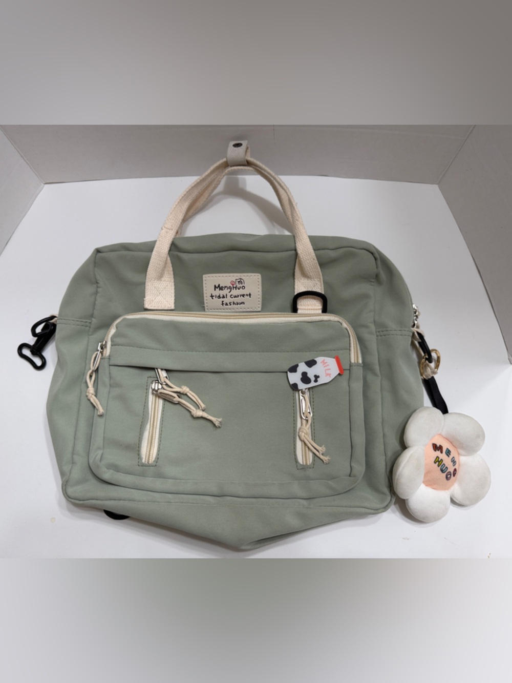 Casual Sage Green Canvas Tote with Cream Handles by MengHuo